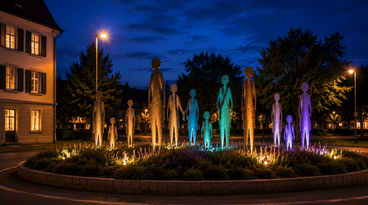 Kunstinstallation mit Figuren im Kreisel von Kölliken im warmen Abendlicht